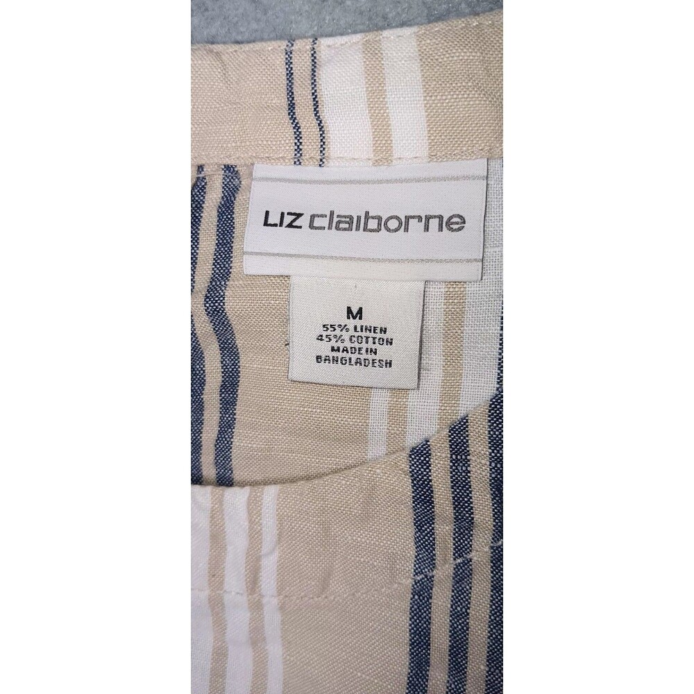 Liz Claiborne Linen Blend Sleeveless Tank Top Medium Beige Striped Fringe Beach - Picture 2 of 12